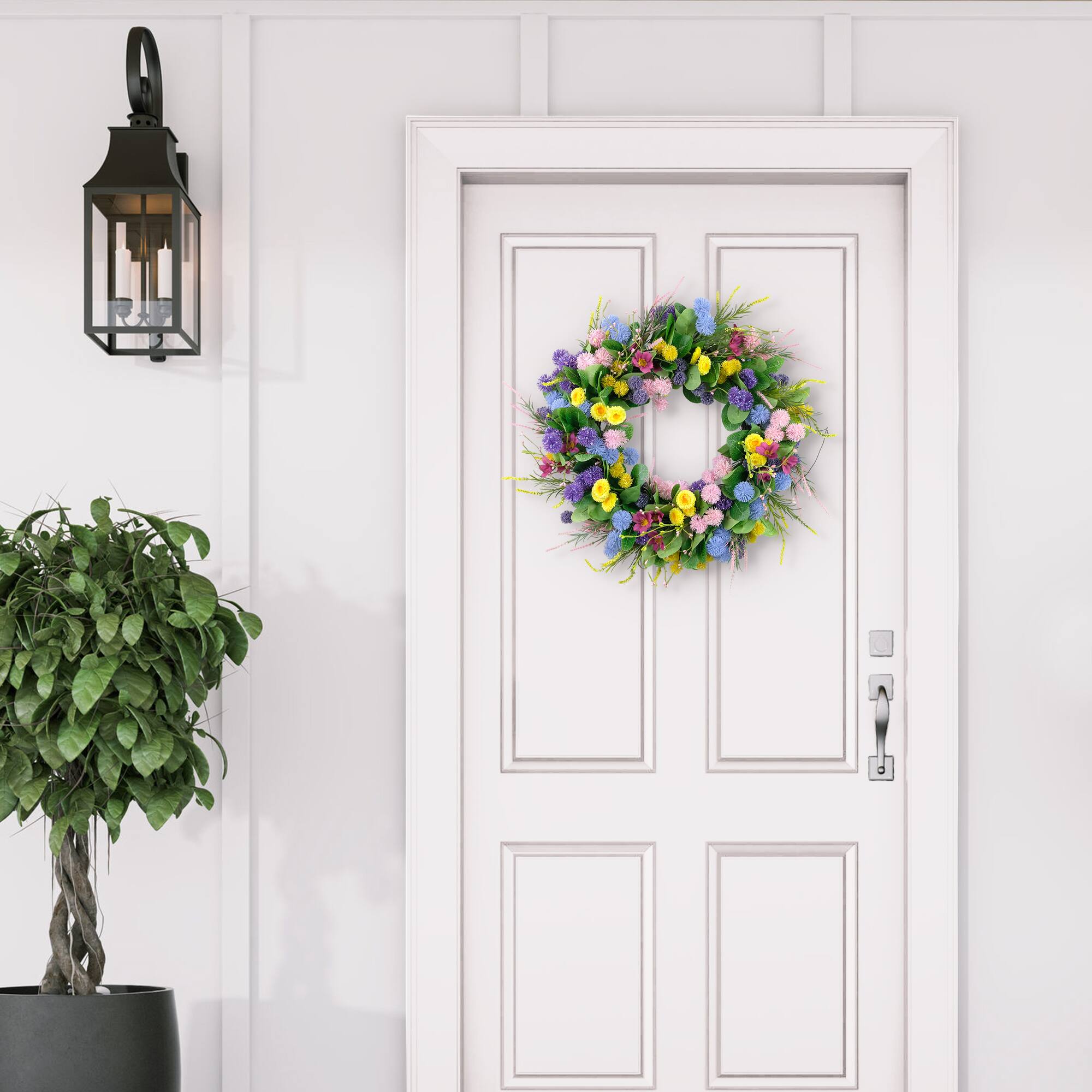 24" Pink, Blue & Yellow Spring Echinops & Chrysanthemum Floral Wreath